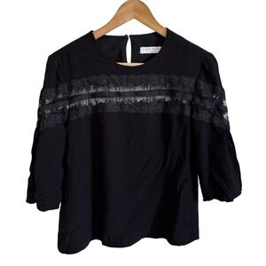 Sandro Paris Black Lace Detail Blouse Womens Top 3/4 Sleeve Elegant small